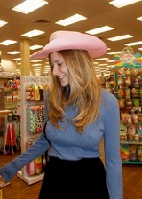 Braless girl in a grocery store