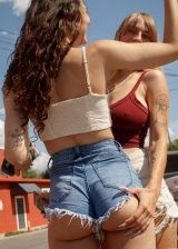 Hot Chicks In Denim Shorts Flashing Their Boobs In Public