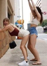 Hot Chicks In Denim Shorts Flashing Their Boobs In Public