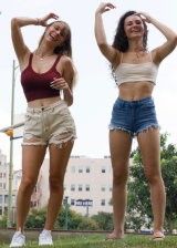 Hot Chicks In Denim Shorts Flashing Their Boobs In Public