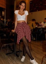 Sizzling Girl In Tight Top Flashing Her Big Tits In A Restaurant