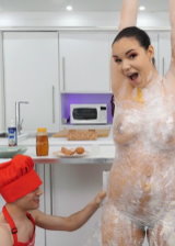 Hot Brunette Gets Her Huge Boobs Rubbed With Flour