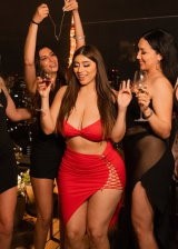 Busty Model In Sexy Red Dress Enjoying The Party