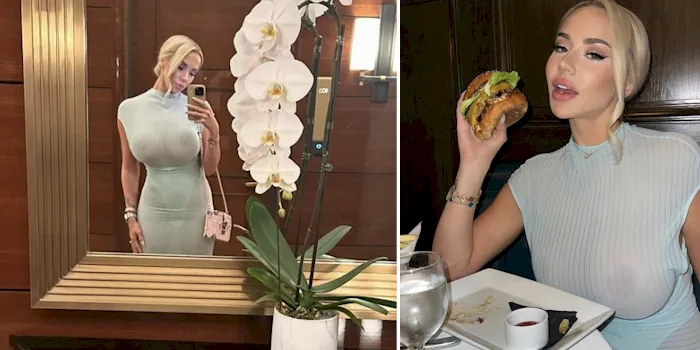 Big boob blonde snaps a selfie and eats a burger while wearing a sheer dress