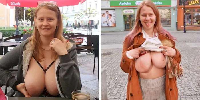 Girl with big tits flashing in public