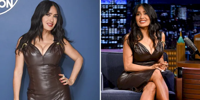 Salma Hayek boobs in a tight dress on The Tonight Show