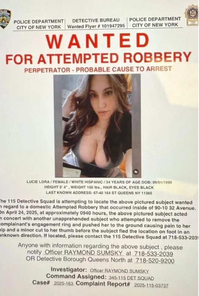 LucieLoraWanted1 Woman with big boobs showing cleavage in a low cut top on a WANTED poster