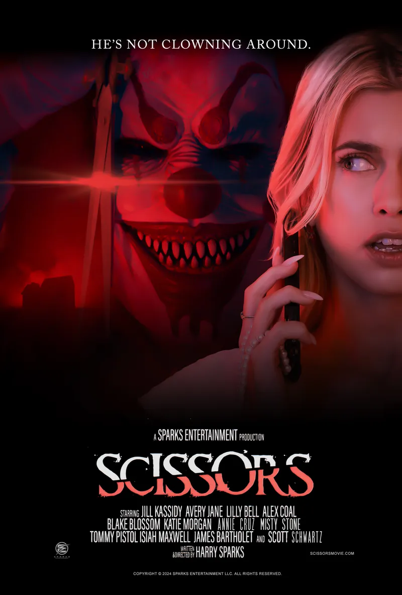 ScissorsPoster Poster for horror movie Scissors. Evil clown is lurking behind a pretty blonde who is on the phone