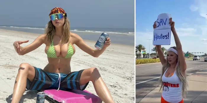 Big blonde as a drunk bikini girl and Hooters waitress