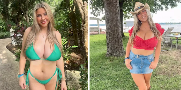 Pretty blonde college girl with big boobs in a bikini and country girl outfit