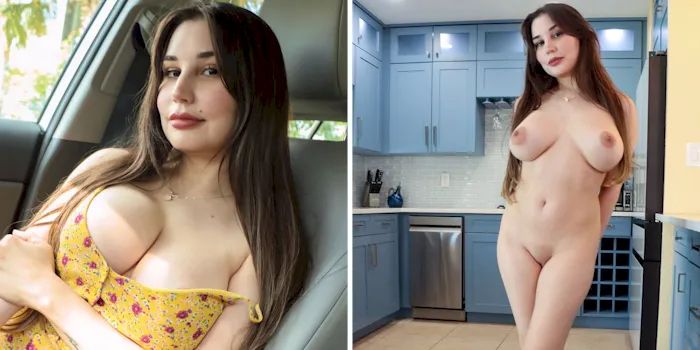 Busty MILF showing cleavage in the car and posing nude in a kitchen