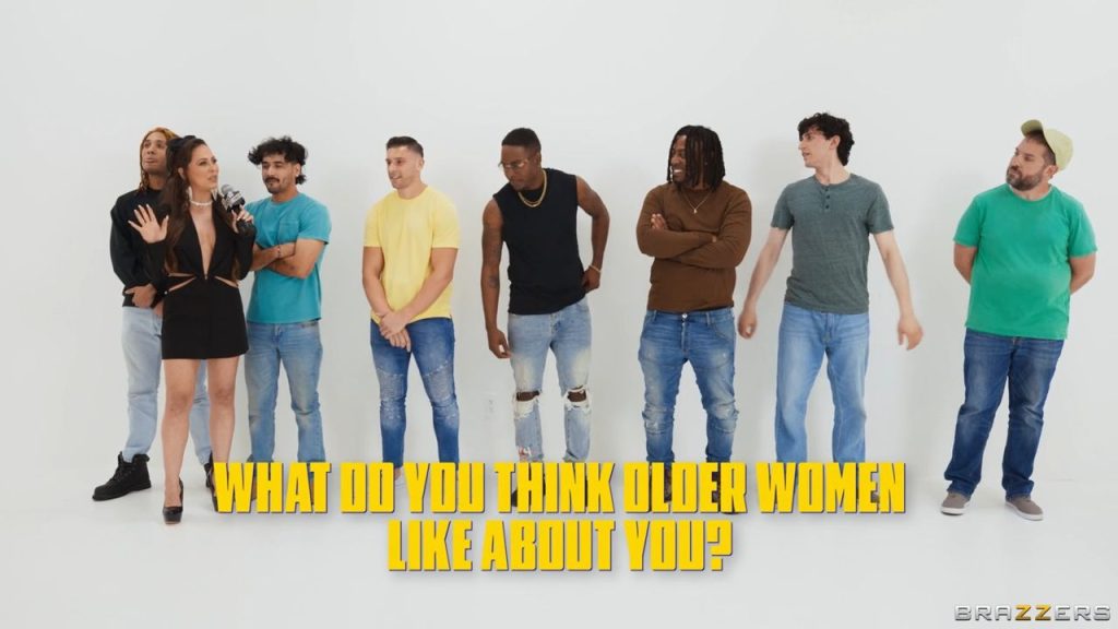 A row of men being interviewed by porn star Cherie DeVille on a porn game show