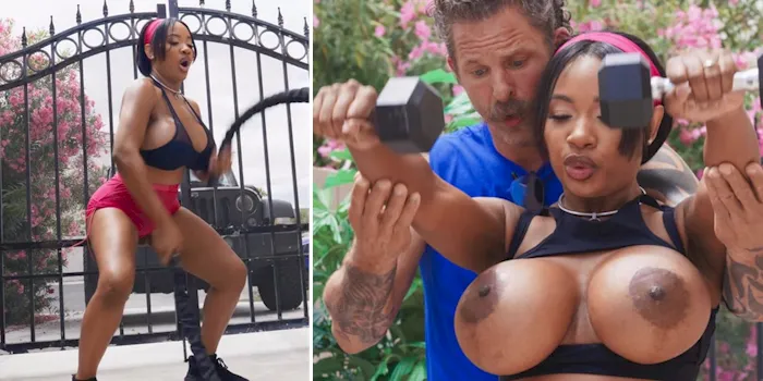 Topless ebony babe with big tits working out topless