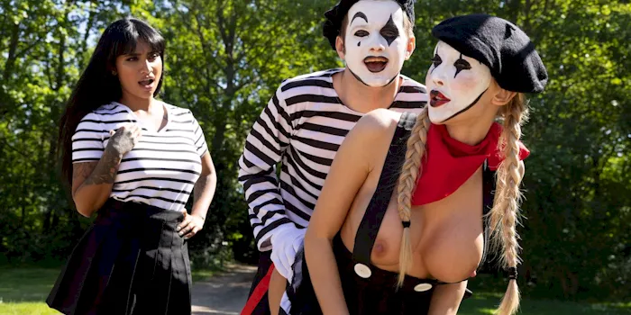 Sexy Arab babe watching a couple of mimes having sex