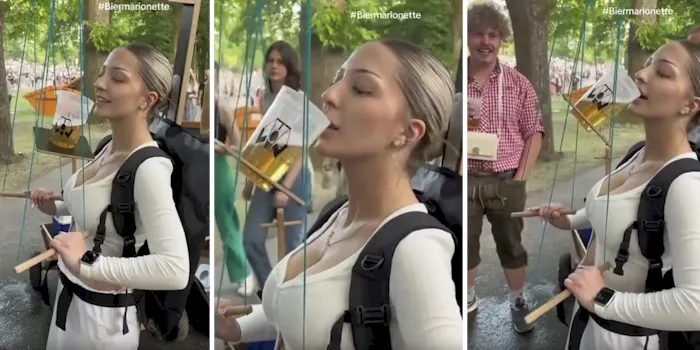 Big boob blonde playing beer marionette