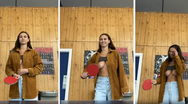 Busty girl flashing boobs while playing PingPong
