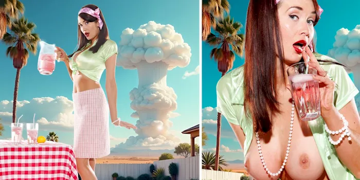 Peta Todd topless with an atomic bomb going off in the background