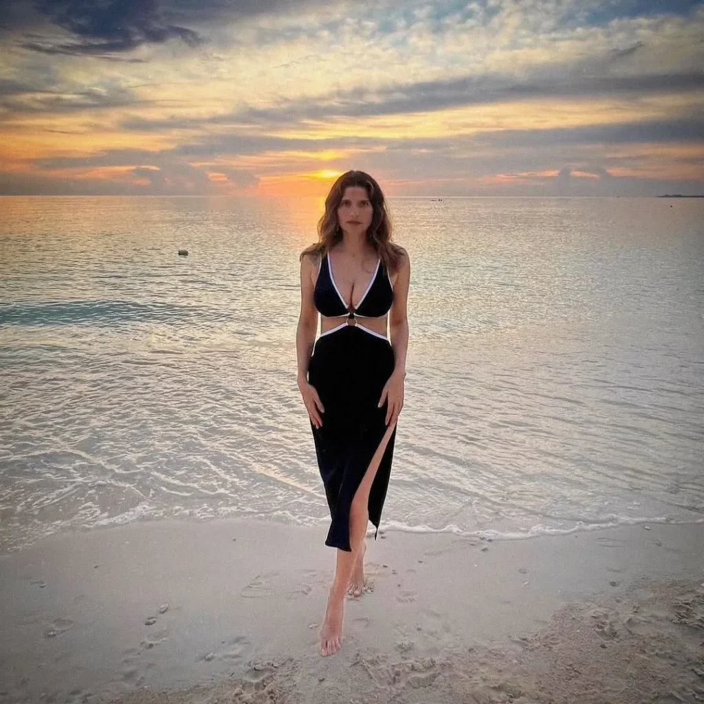 Big boob Lake Bell in a revealing dress posing at the beach with a sunset in the background