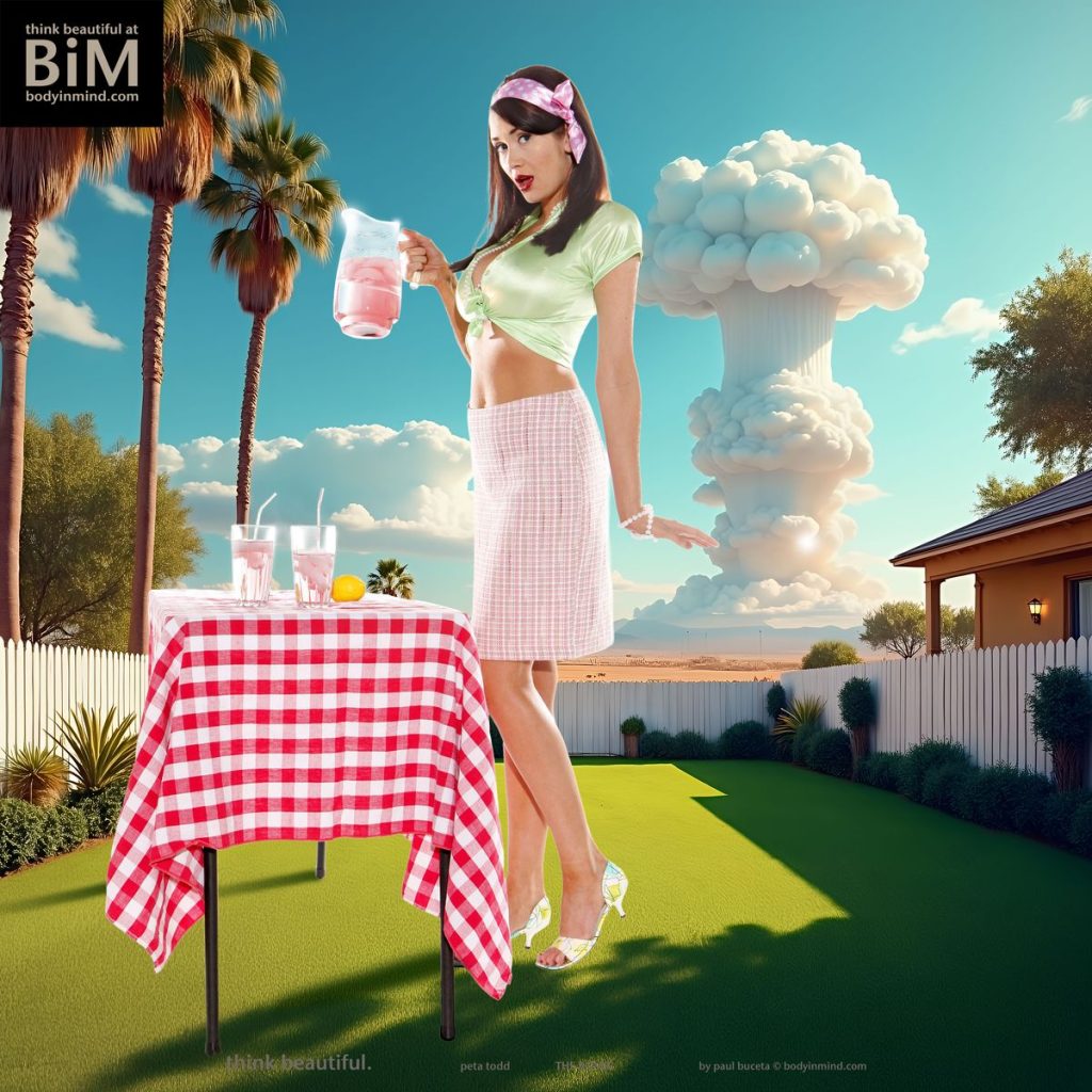 Sexy 1950s pinup wife posing in front of an exploding bomb