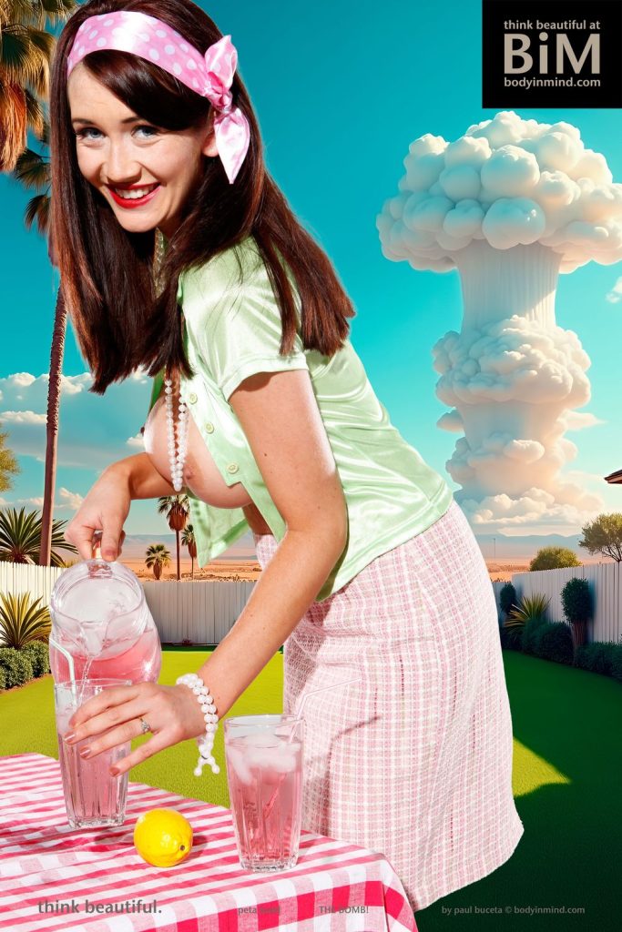 Pinup housewife pouring a drink from a pitcher while a bomb is going off in the background