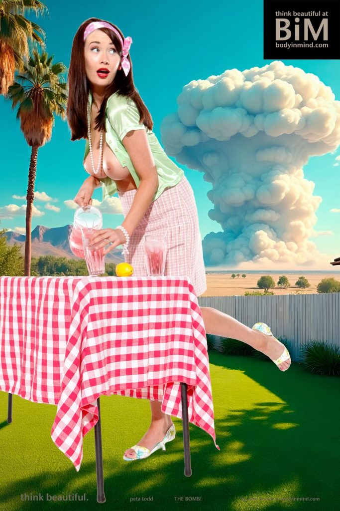 Topless 1950s housewife pouring a drink from a pitcher while a bomb is going off in the background