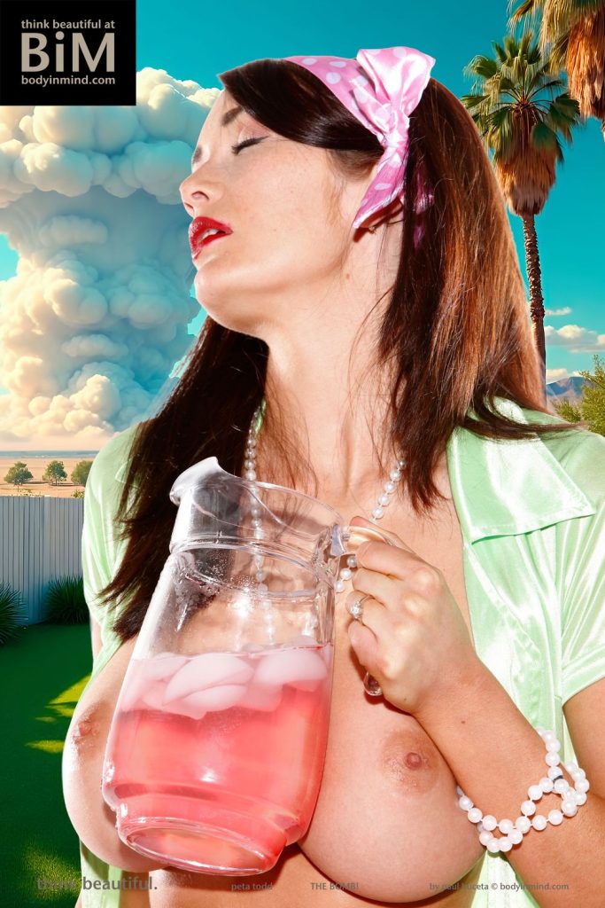 Topless pinup model cooling her tits off with a pitcher while a bomb explodes in the background