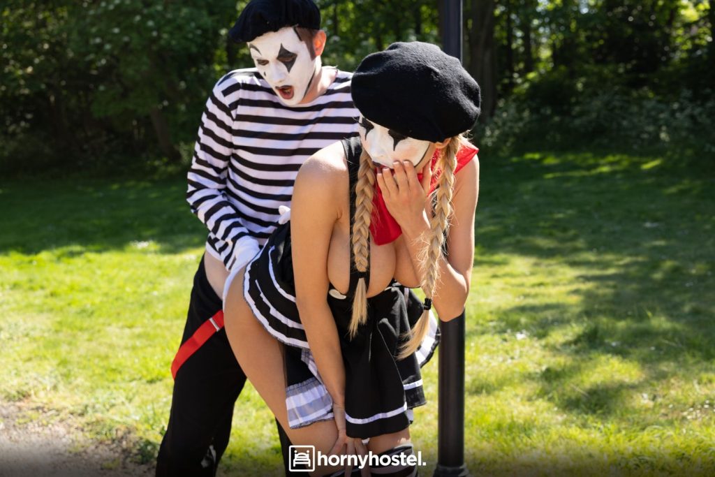 Busty blonde mime getting fucked from behind by a male mime in the park