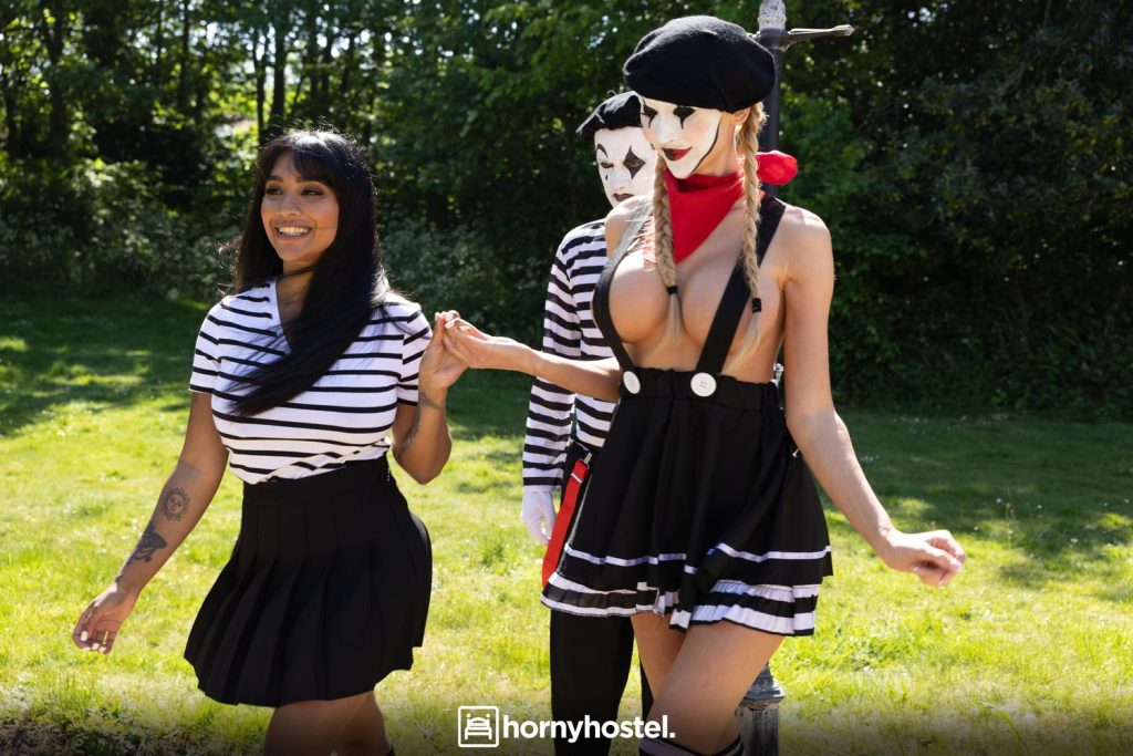 Busty blonde mime and her male partner decides to bring a woman home with them