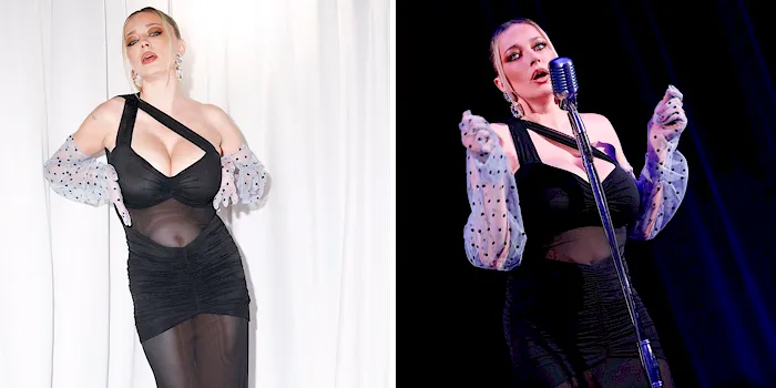 Big boob blonde on the red carpet and on stage singing