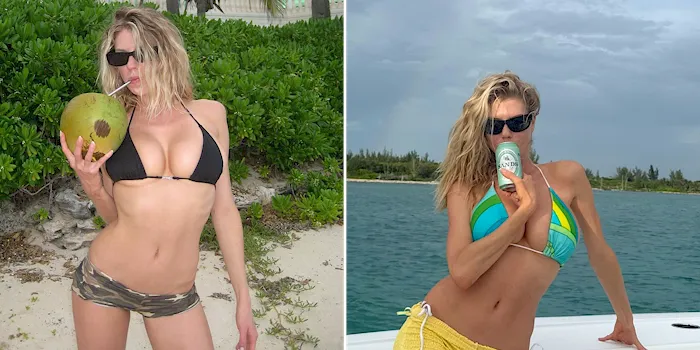 Hot blonde with big boobs in a couple of different bikinis