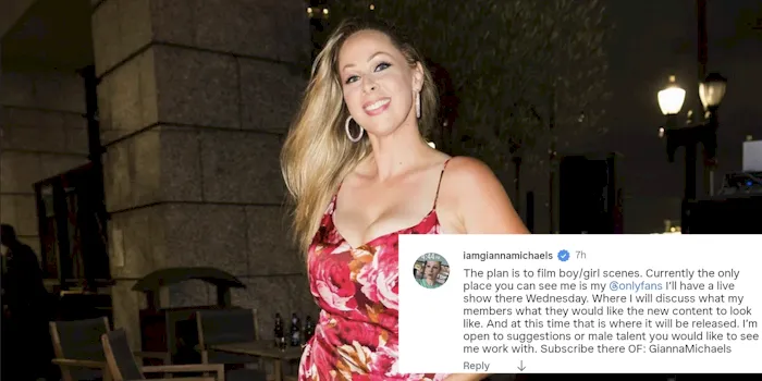 Porn star Gianna Michaels pretty in a red dress and a screenshot of her comeback announcement