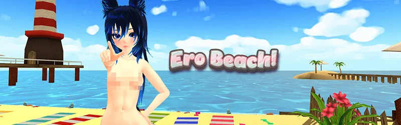 Topless cartoon girl pointing at you while standing on a beach