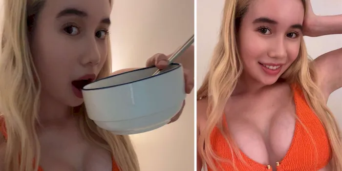 Lil Tay showing off her boobs in a bikini and drinks from a soup bowl