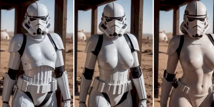 Female Storm Trooper getting bigger breasts and uniform disolving