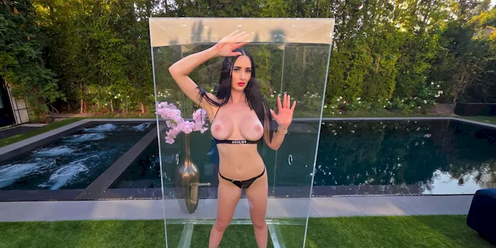 Topless brunette posing inside a glass box