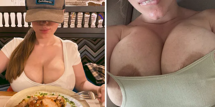 Big boob amateur girl showing off her tits in tight tops