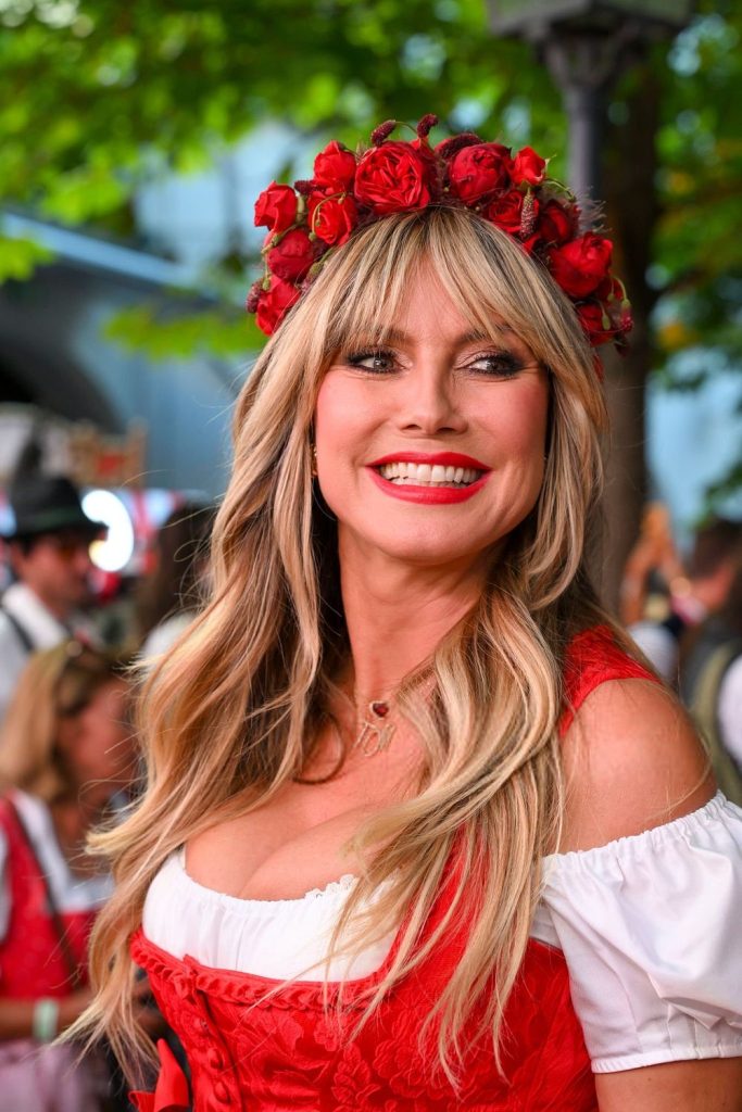 Close up of Heidi Klum wearing a traditional German dress