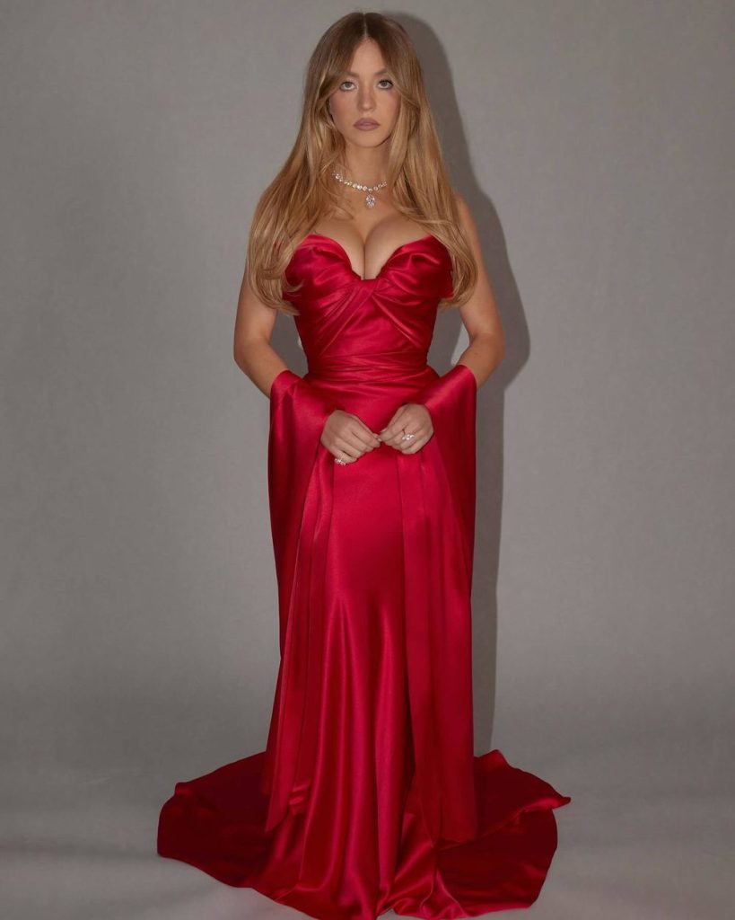 Sydney Sweeney pretty in a red dress