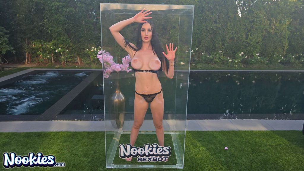 Sexbot Violet Voss topless in a glass box
