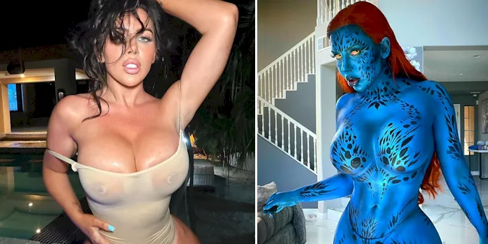Curvy babe in a see through swimsuit and wearing Mystique body paint