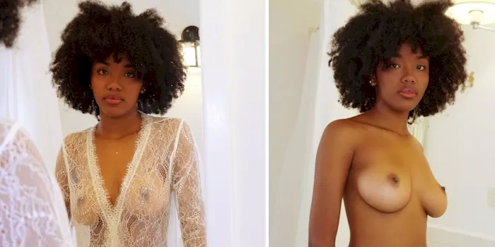 Ebony girl in a lace see through robe and fully topless