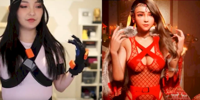 Side by side comparison of a girl doing motion capture with a sexy anime character