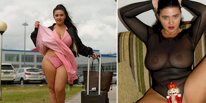 Curvy woman flashing her underwear outdoors and posing in sheer lingerie at home