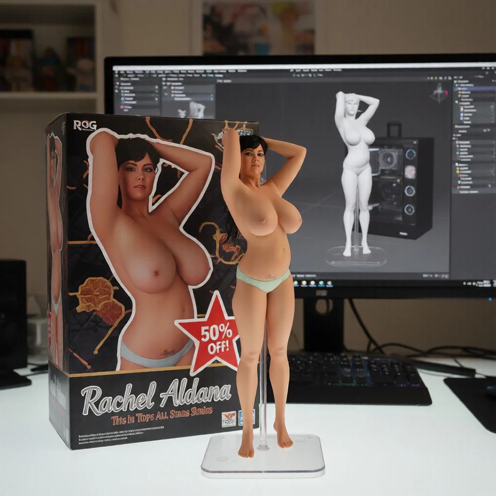 Topless doll with big boobs standing up, box and a computer screen with the build in the background