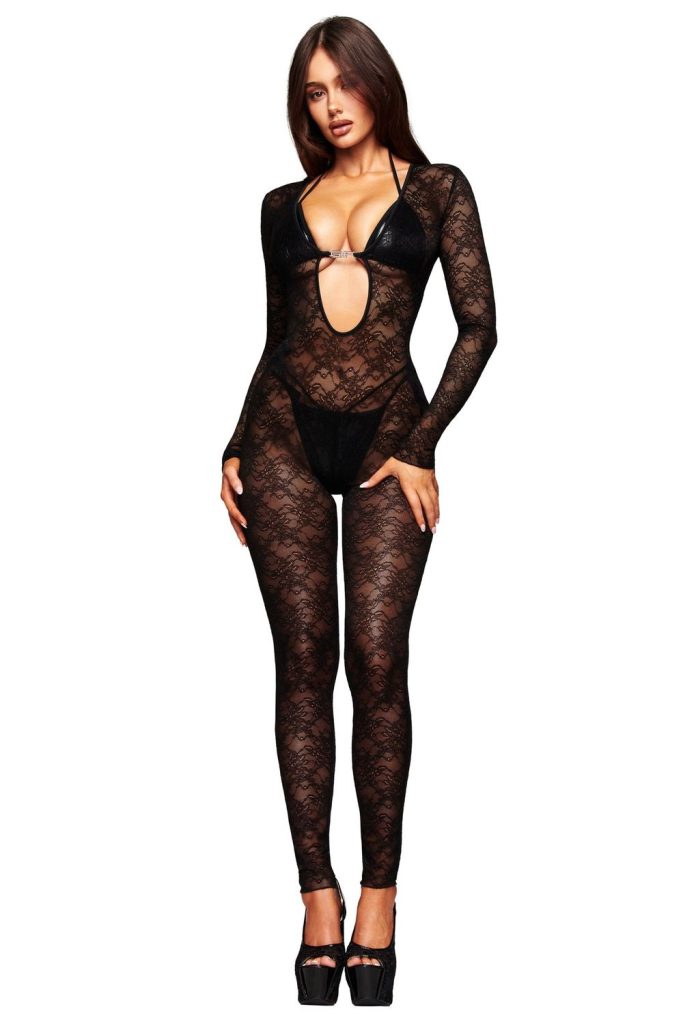 Frontal view of sexy model without the cat woman mask and wearing lace lingerie