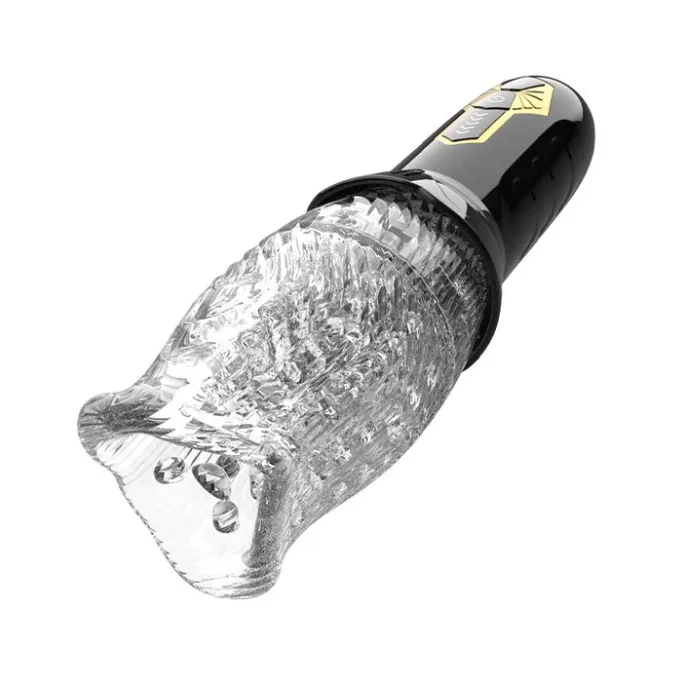 Male stroker sex toy with one end being clear plastic and with a black handle