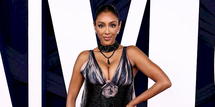 Cropped close up of black woman with big breasts posing on the red carpet