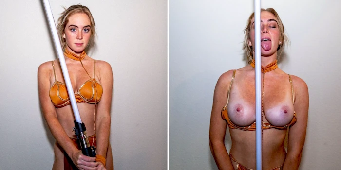 Girl in a Leia costume in the left panel and topless in the right