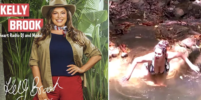 Two panels and in the left panel its a woman posing in a jungle outfit and in the right the same woman is going for a swim