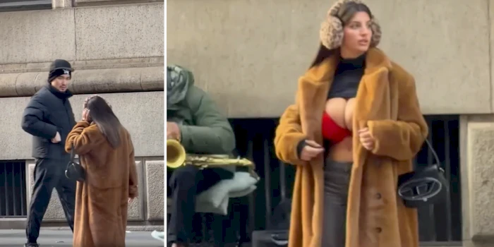 Two panels. In the left a man is walking by looking at a woman in a fur coat. In the right the woman is seen from the front and it is revealing she has large breasts exposed in a bra